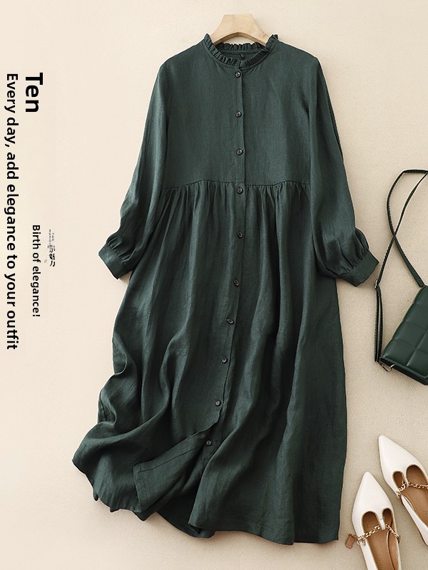 Casual Loose Linen Shirt Dress - فستان نسائي كاجوال فضفاض من القطن