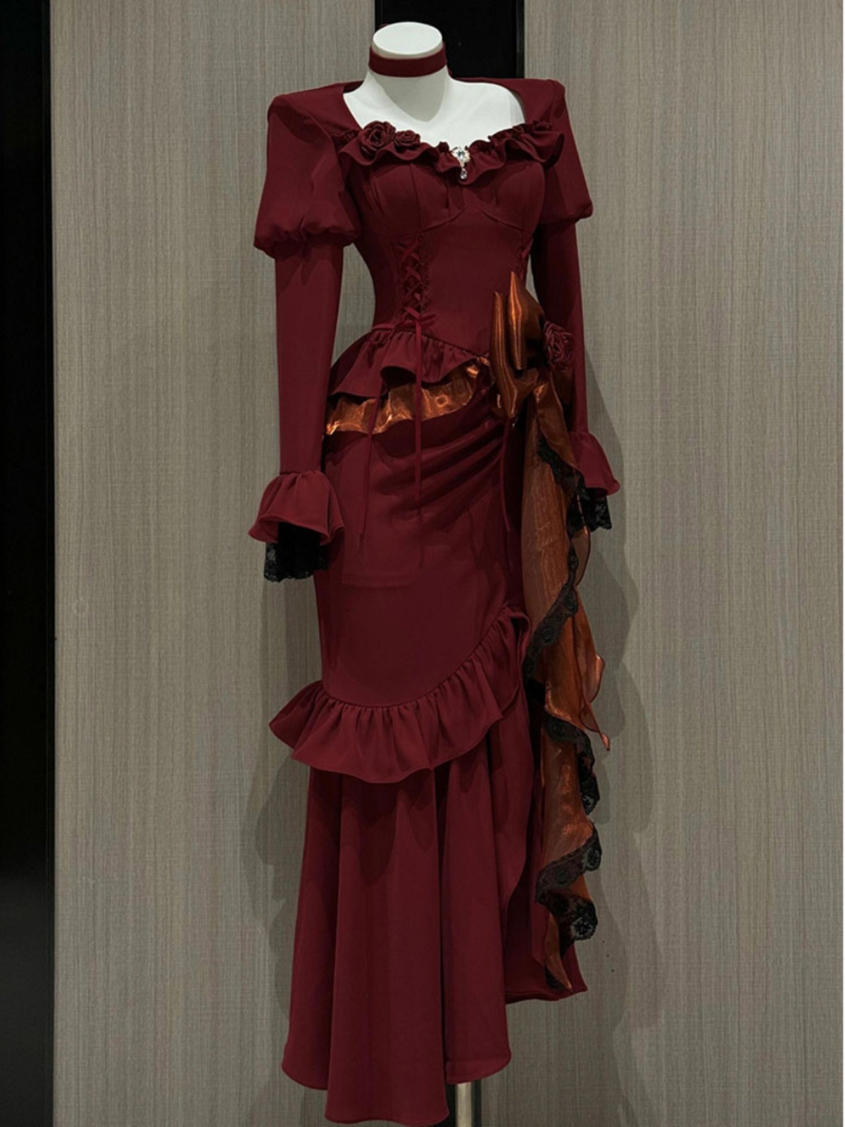 French Vintage Floral Midi Dress - فستان ربيعي أحمر عتيق للنساء من