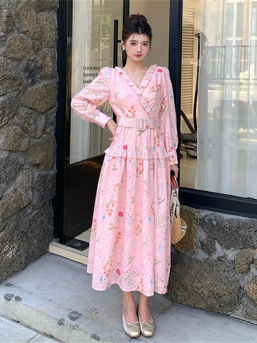 فستان ميدي بطبعة زهور وأكمام ف - مراجعة French Vintage Floral Midi Dress وسعره