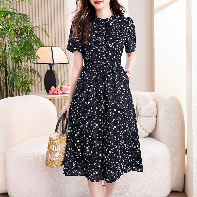 فستان ميدي كلاسيكي أزرق كحلي ب - مراجعة French Vintage Floral Midi Dress وسعره